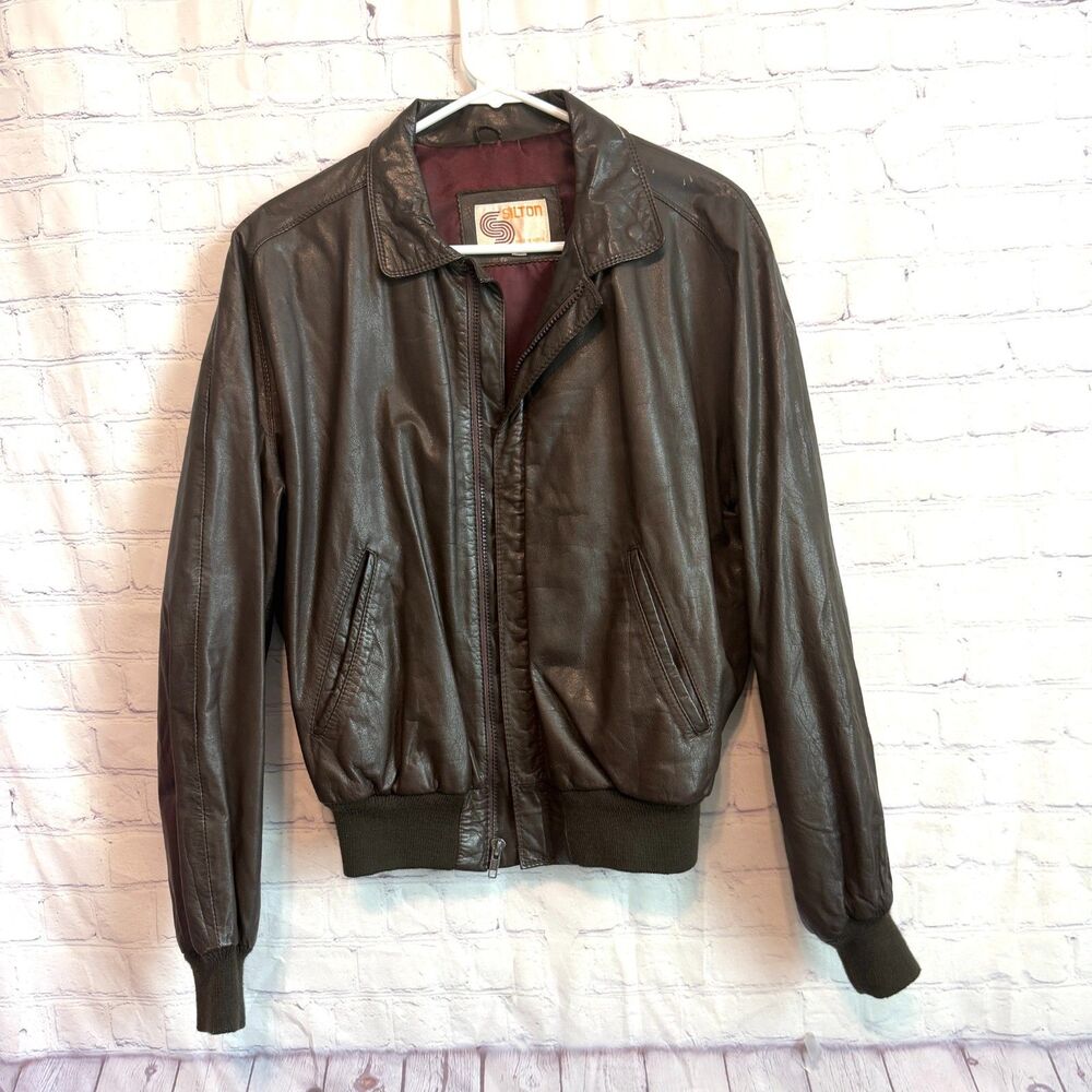 Vintage Silton Brown Leather Bomber Jacket Tag Size 42 Genuine Leather